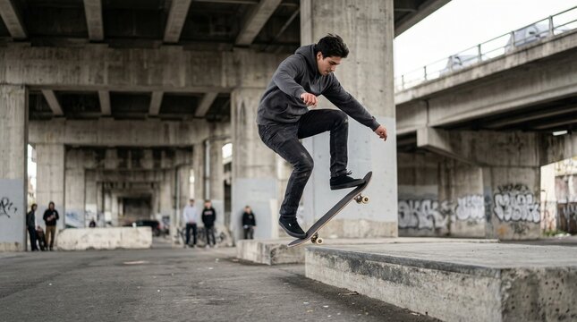 Young man skateboarding and performing trick under urban bridge