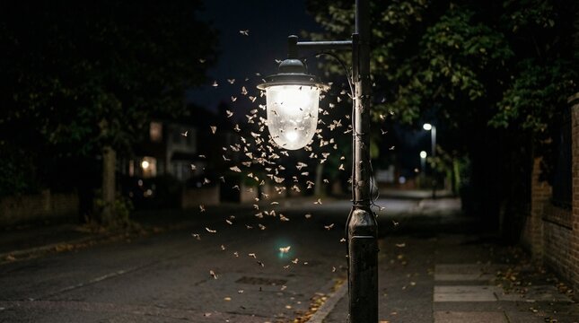 Moths swarming around streetlight on quiet urban street at night  