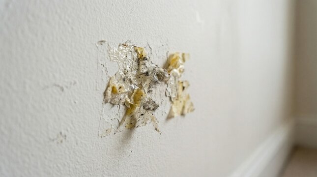 Damage from tape residue on wall with peeling paint and texture  