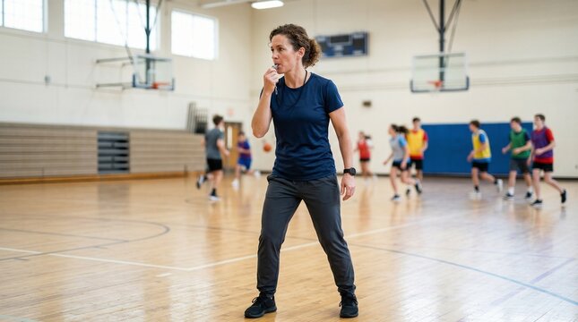 Female coach signaling and directing players during basketball practice  