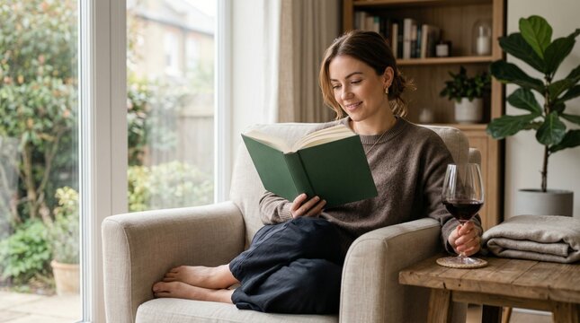 Young woman relaxing while reading a book at home with wine  