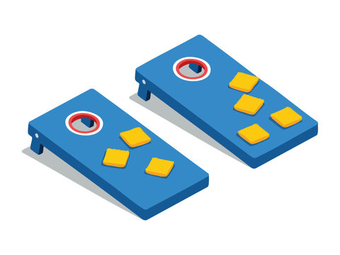 Isometric illustration of two blue cornhole boards with yellow bean bags for outdoor lawn games.
