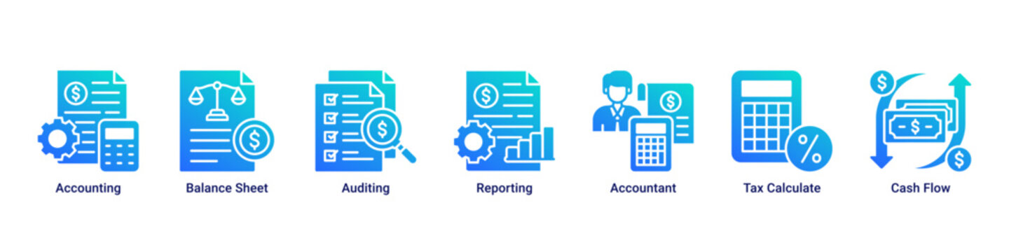 Accounting System banner with accounting,balance sheet,auditing,reporting,tax calculation and cash flow icons for corporate finance concept