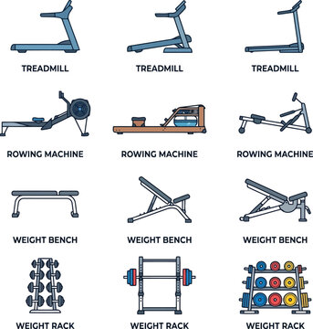 Set of gym fitness equipment icons including treadmills rowing machines weight benches and racks for workout and exercise training