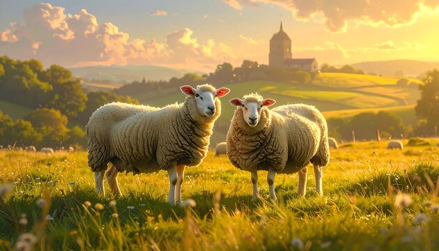 A serene landscape of two sheep standing in a lush green meadow
