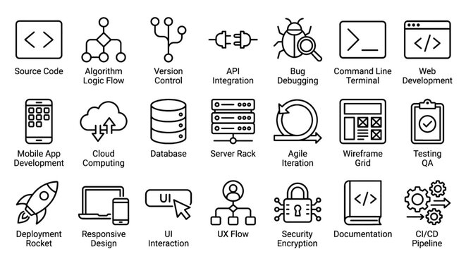 Software app developer labels icons for software development processes. Suitable for presentations, websites, and educational materials on software development.