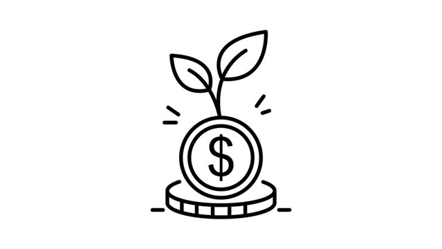 Financial Growth and Investment Concept: Minimalist Black Line Vector Icon of a Plant Sprouting from a Dollar Coin on White Background. Editable Stroke Vector Illustration for Business Success.