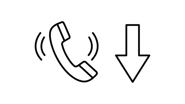 Margin Call Financial Concept Vector Icon Featuring a Ringing Phone Handset and Downward Arrow, Minimalist Black Line Art Illustration, Editable Stroke for Customization, Scalable SVG Design.