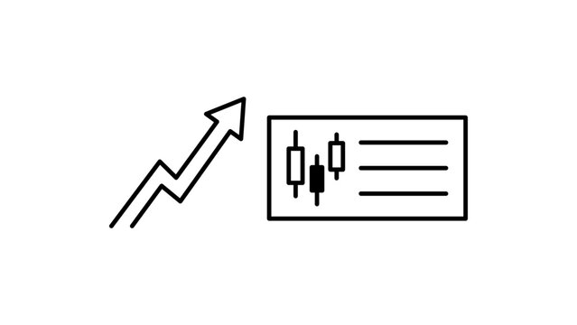 Long Position and Financial Growth Concept with Upward Arrow and Candlestick Chart, Minimalist Black Line Vector Icon Illustration with Editable Stroke on White Background for Trading and Business.