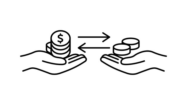 Minimalist Market Maker Black Line Vector Icon of Hands Exchanging Coins and Money, Representing Trading, Finance, and Currency Exchange Transactions with Editable Stroke on White Background.