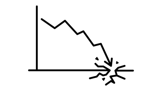 Economic Crisis and Market Crash Editable Stroke Vector Icon. Minimalist black line illustration of a declining financial graph arrow breaking through the floor, representing business failure.