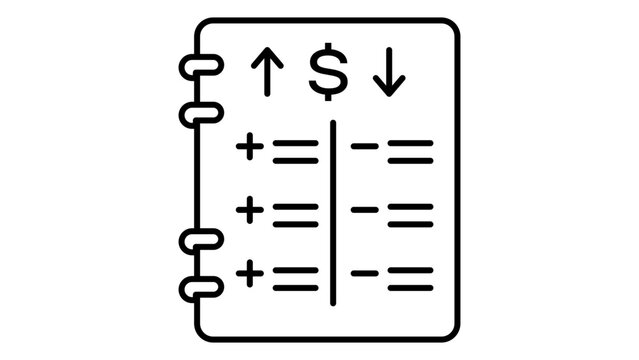 Financial Order Book and Trading Ledger Minimalist Editable Stroke Vector Icon. Black Line Illustration of Buy and Sell Orders, Stock Market Transactions, and Budget Planning on White Background.
