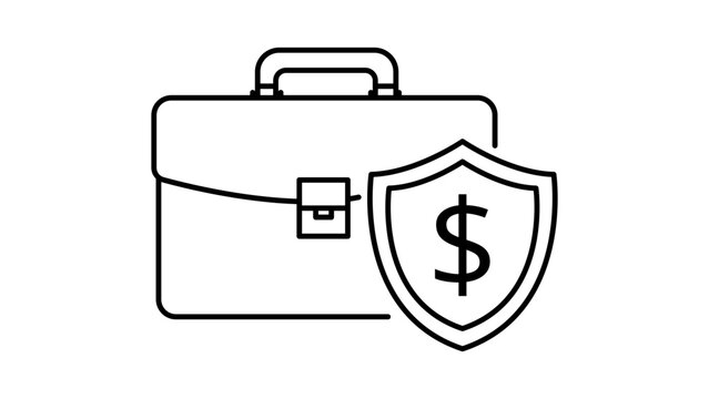 Private Equity and Financial Protection Editable Stroke Vector Icon. Minimalist black line illustration of a shielded briefcase with a dollar sign representing asset security and business insurance.