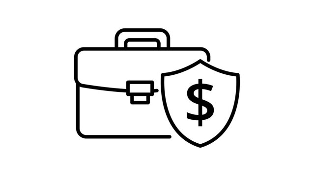 Private Equity and Financial Protection Vector Icon. A minimalist black line illustration of a briefcase with a dollar sign shield, representing secure investment and asset protection. Editable Stroke