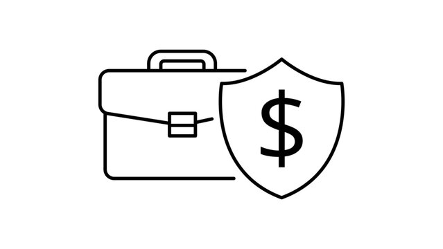 Private Equity and Financial Investment Protection Editable Stroke Vector Icon. Minimalist black line illustration of a briefcase and shield with a dollar sign for business security concepts.