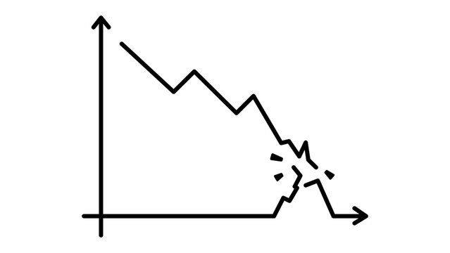 Market Crash and Economic Crisis Minimalist Black Line Vector Icon on White Background with Editable Stroke. Financial Recession Graph Showing Downward Trend and Breaking Axis Illustration.