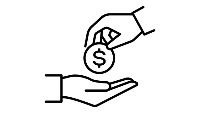 Minimalist black line vector icon of a hand giving a dollar coin to another hand, representing a secondary offering, payment, or donation. Features an editable stroke for easy customization.