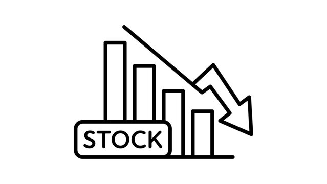 Stock Market Crash and Short Selling Editable Stroke Vector Icon. Minimalist black line illustration of a downward arrow and decreasing bar chart on a white background for finance and business.