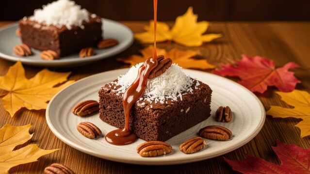 A chocolate brownie topped with shredded coconut and caramel sauce, served with pecans and autumn leaves