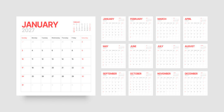 Square planner layout for 2027, monthly calendar view where each week starts on Sunday.