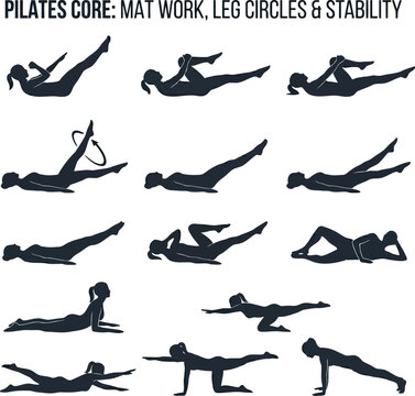Pilates exercise guide showing core mat work movements and fitness workout poses for body stability and strength training in black silhouettes