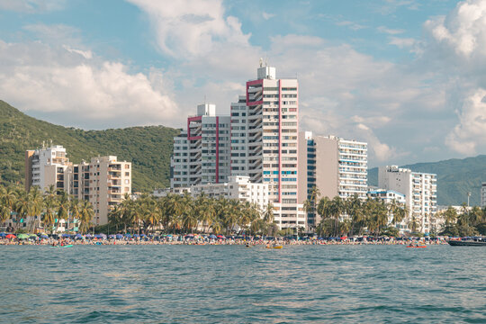 Santa marta coastal panorama featuring crowded beach