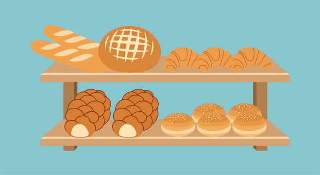 A wooden shelf with various types of bread on it (1)