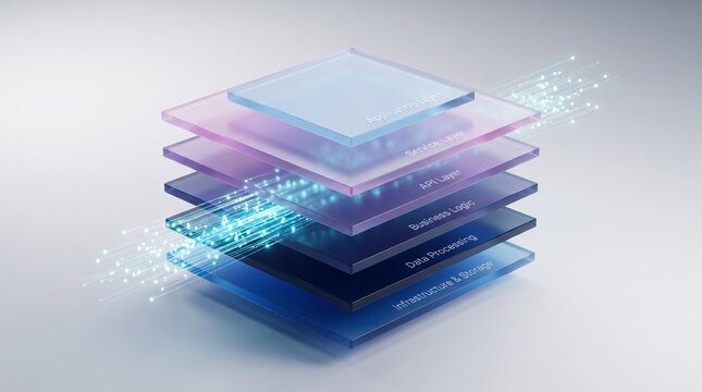 Stack of translucent blue and purple layered squares with glowing digital circuit elements on a gray background