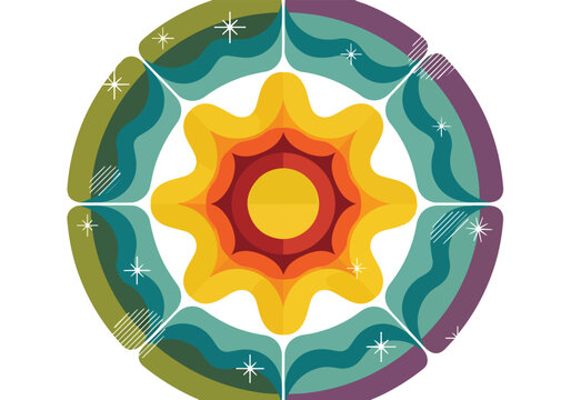 A colorful circular design with a starburst pattern