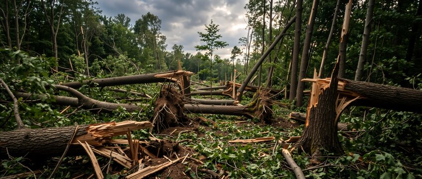 Broken and uprooted trees in a forest after a severe wind storm. Splintered wood and fallen trunks showing extreme weather damage. Natural disaster and destruction aftermath