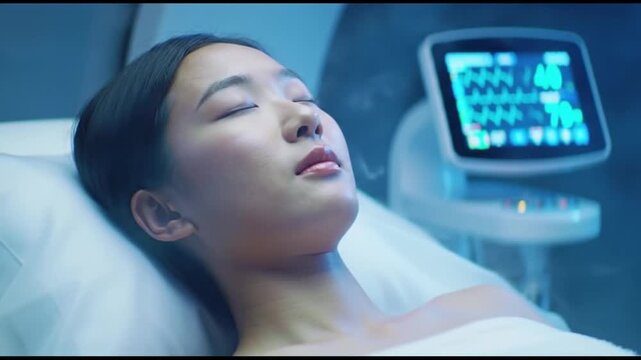 Young Asian woman in futuristic medical pod with heart rate monitor and cooling vapor mist