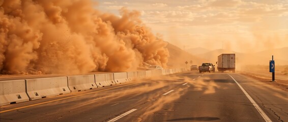 Naklejka premium Massive dust storm rolling across a highway with driving vehicles. Severe weather haboob creating hazardous driving conditions and poor visibility on the road