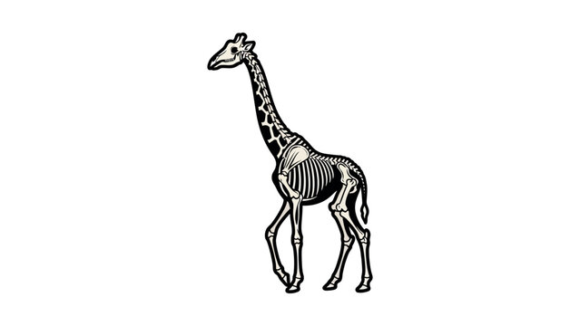An illustration of a giraffe skeleton standing alone in a neutral environment.
