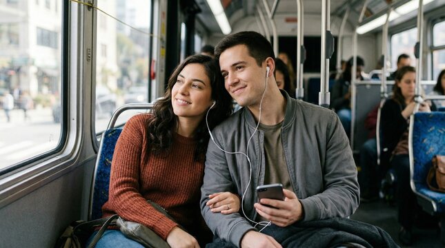 Couple sharing earphones while sitting on bus and smiling together  