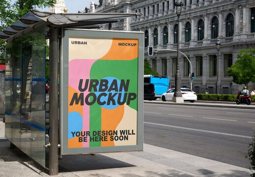 Modern Bus Shelter Design in Madrid Urban Area. PSD mockup