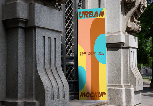 Mockup showcases blank advertising panel set against a historic building in Madrid