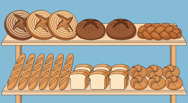 A wooden shelf with various types of bread on it