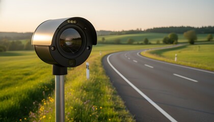 Fototapeta premium Modern speed camera in rural area monitoring a winding highway road for traffic safety and law enforcement concept with rolling green hills background during golden hour