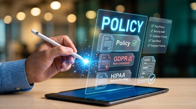 Person interacting with digital policy documents on tablet screen with gdpr and hipaa regulations