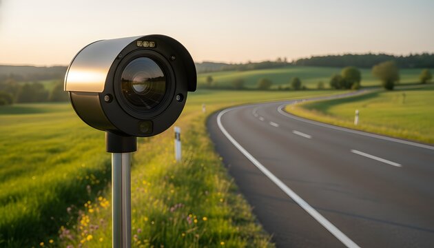 Modern speed camera in rural area monitoring a winding highway road for traffic safety and law enforcement concept with rolling green hills background during golden hour