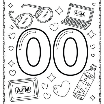 Coloring page with number 00, laptop, glasses, water bottle, and hearts