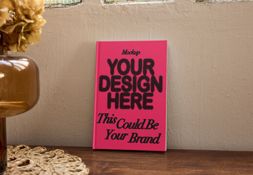 Mockup of a hardcover book front cover, vertically leaning against a wall