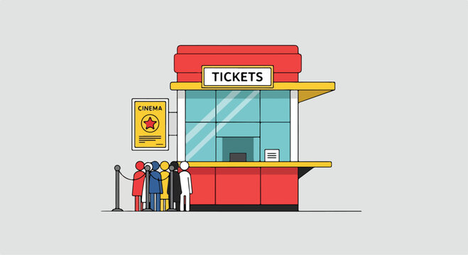 A colorful ticket booth with a line of people