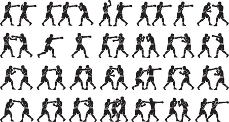 Fototapeta premium Boxing and Fighting Silhouettes Icon Set – Punching, Sparring Combat Poses Black Minimal Vector Collection.