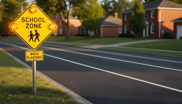 A flashing school zone light sign stands on the side of a suburban road for a child safety concept, warning drivers to slow down in a residential neighborhood street
