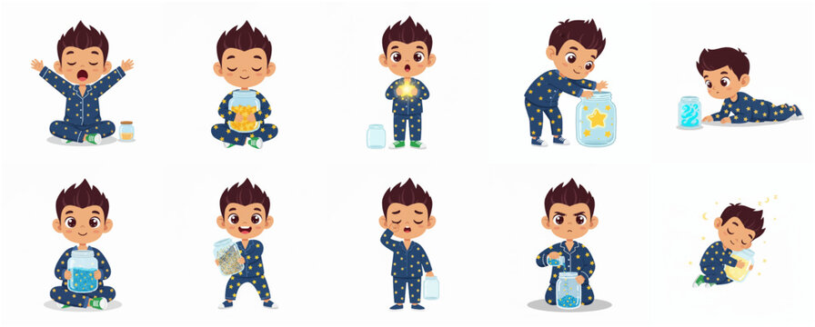 Set of Cute Cartoon Boy in Star Pajamas Playing with Magic Jars of Stars and Dreams