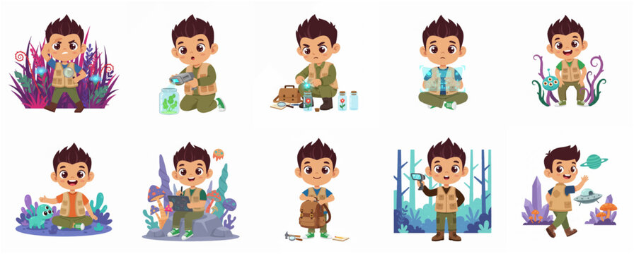 Set of cute boy explorer characters discovering alien plants and creatures in fantasy nature scenes, little scientist adventure vector illustrations