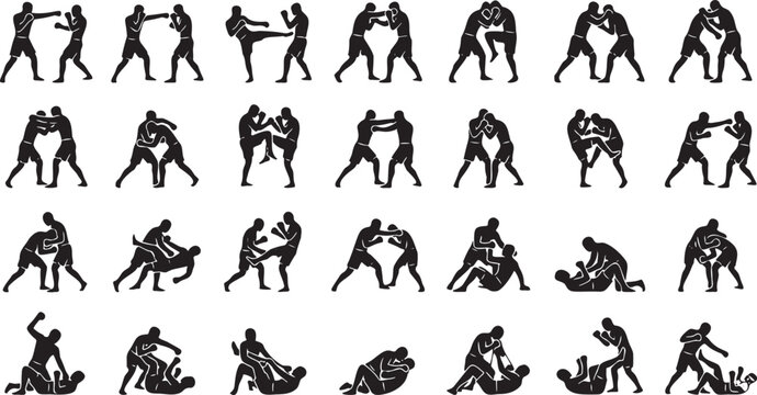 MMA Grappling and Fighting Silhouette Icon Set &ndash; Mixed Martial Arts Combat Poses Collection.