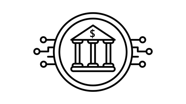 Central Bank Digital Currency CBDC Concept Vector Icon Illustration with Editable Stroke. Minimalist Black Line Art of a Bank Building with Circuitry on White Background for Fintech Design.