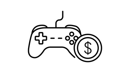 Gaming Finance and Monetization Concept: A Minimalist Black Line Vector Icon of a Game Controller with a Dollar Coin, Featuring an Editable Stroke for Easy Customization on a White Background. © Maira